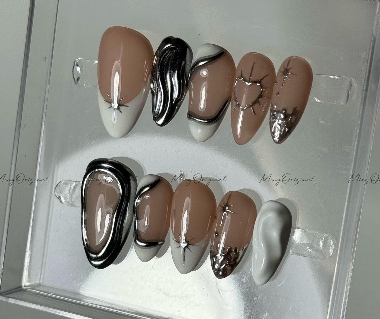 3D white and silver free style press on nails,metal chrome detail nail,heart and Star glue on nail, nude jelly fake nail,gift for her,MO512