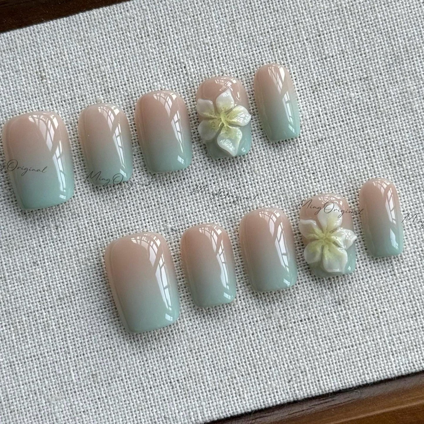 Mint Vibe summer Flower Press on Nails, Colorful ombre 3D nail, yellow flower, Spring Summer, vacation holiday gift for her MO538