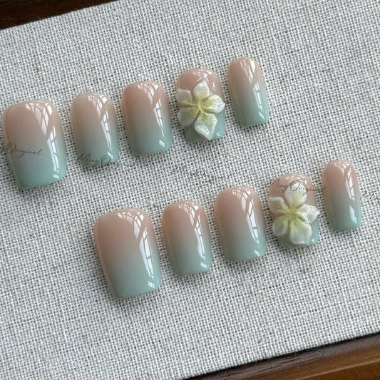 Mint Vibe summer Flower Press on Nails, Colorful ombre 3D nail, yellow flower, Spring Summer, vacation holiday gift for her MO538