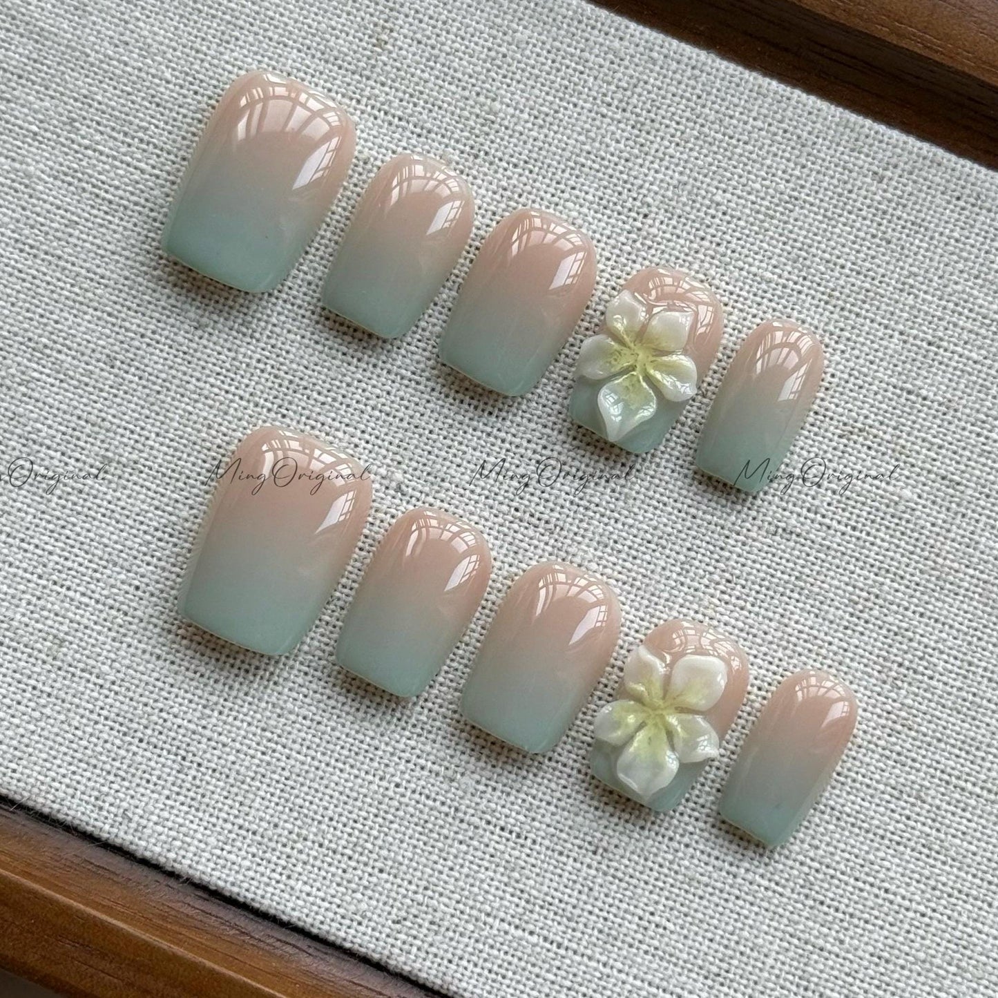 Mint Vibe summer Flower Press on Nails, Colorful ombre 3D nail, yellow flower, Spring Summer, vacation holiday gift for her MO538
