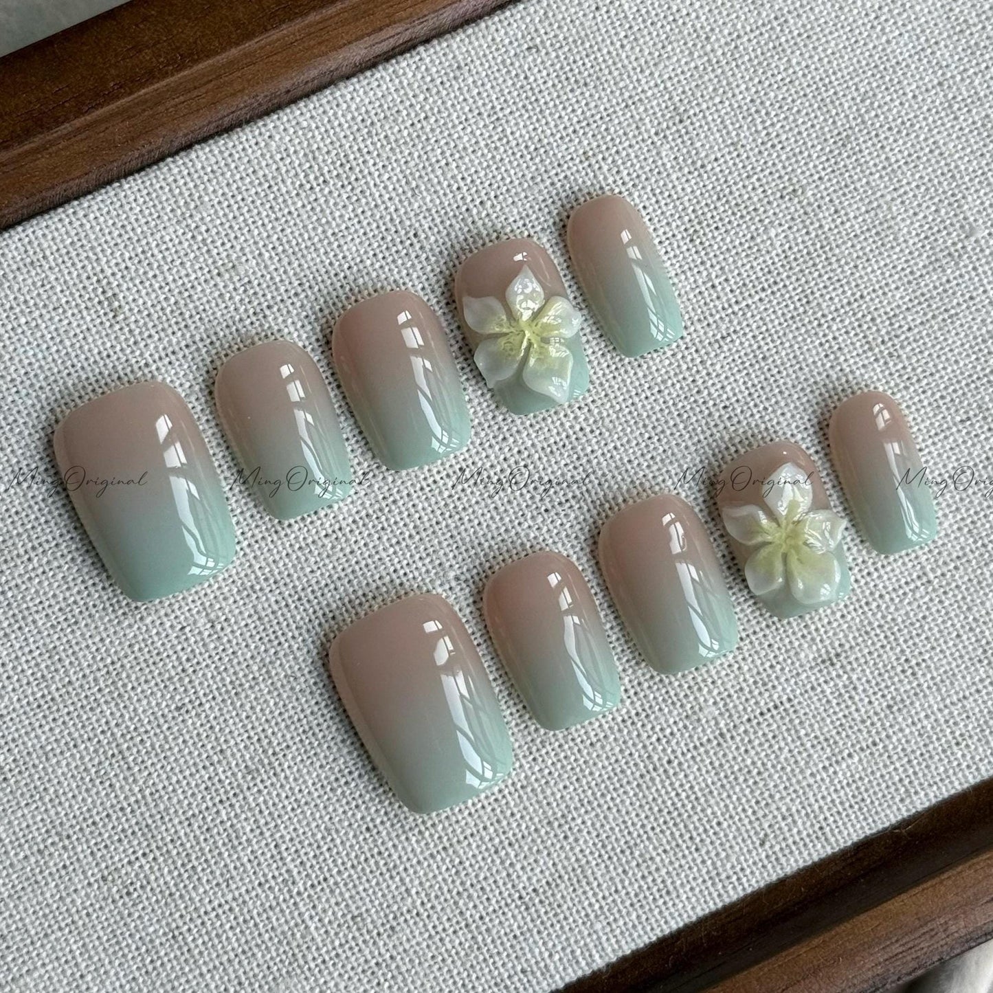 Mint Vibe summer Flower Press on Nails, Colorful ombre 3D nail, yellow flower, Spring Summer, vacation holiday gift for her MO538