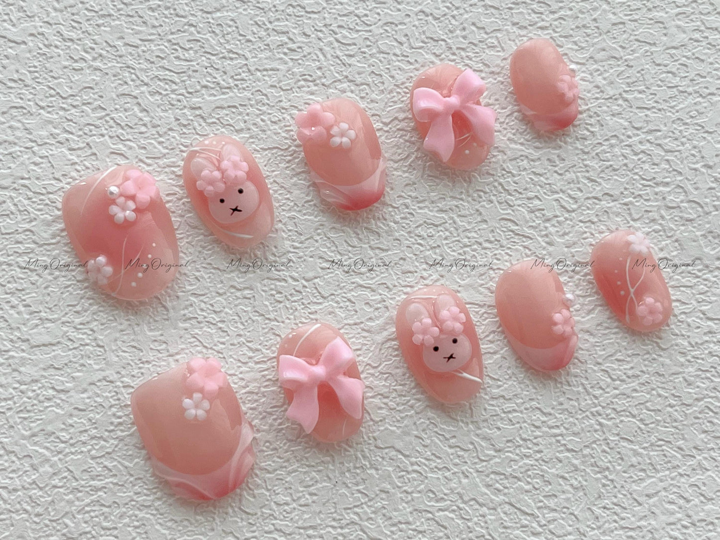 Cute 3d bunny and flower press on nail, soft pastel milky pink 3d swirls and bow nail, jelly fake nail, holiday birthday gift for her,MO513