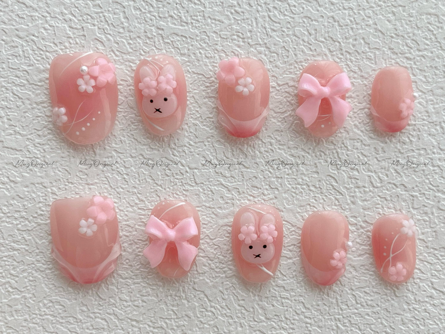 Cute 3d bunny and flower press on nail, soft pastel milky pink 3d swirls and bow nail, jelly fake nail, holiday birthday gift for her,MO513