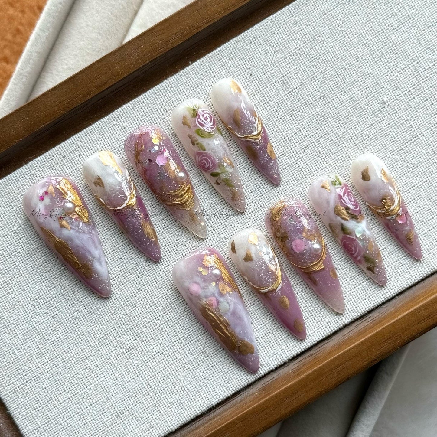 Mauve Dream elegant bejeweled purple flower handmade press on nails, rose gold chrome nails, marble nail art, pearl floral design, MO514