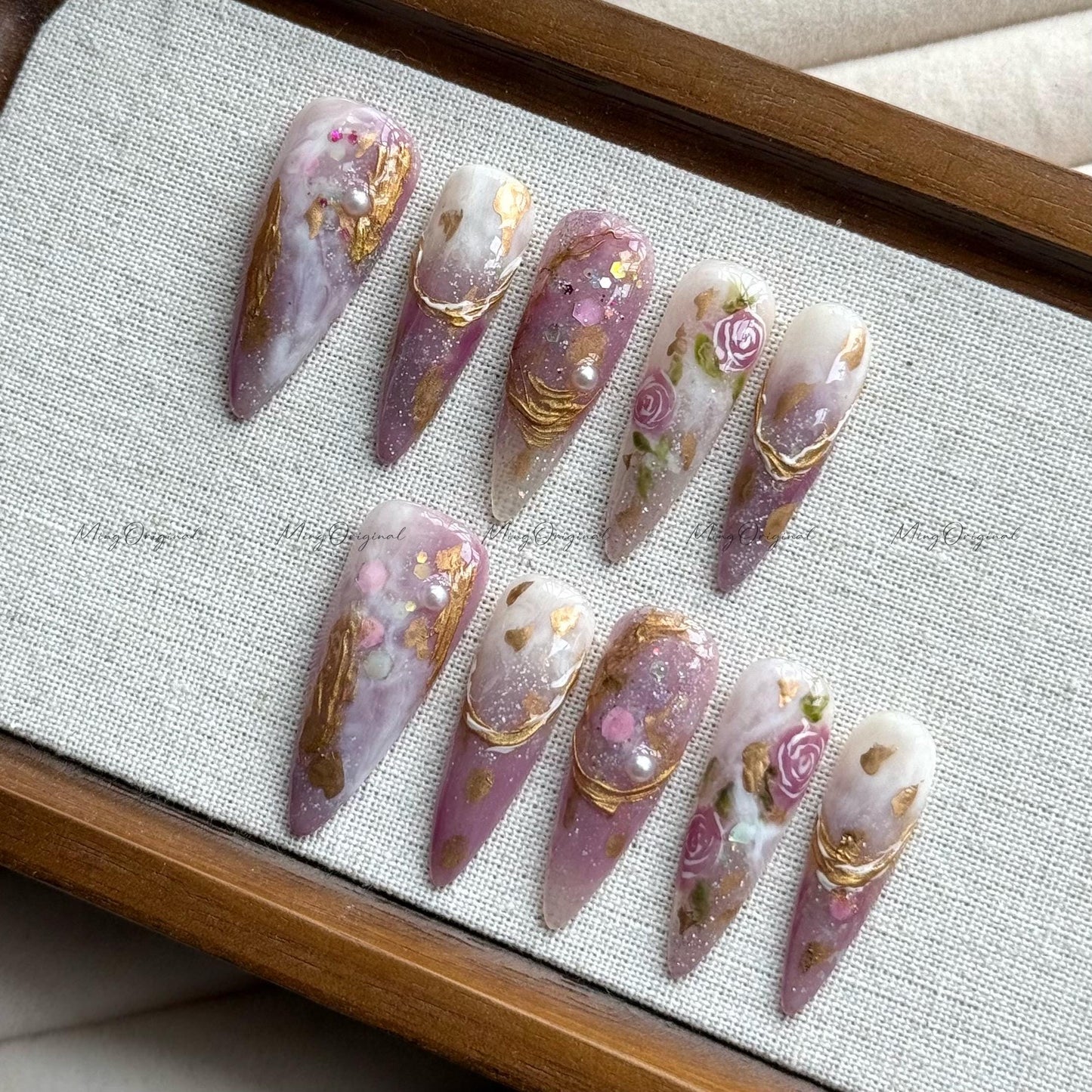 Mauve Dream elegant bejeweled purple flower handmade press on nails, rose gold chrome nails, marble nail art, pearl floral design, MO514