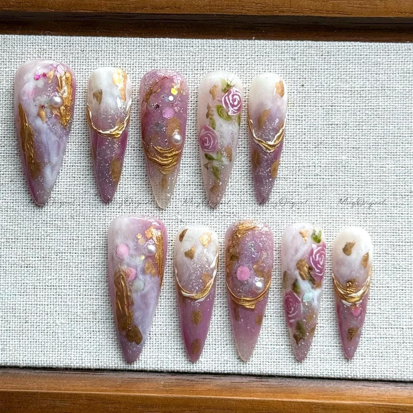 Mauve Dream elegant bejeweled purple flower handmade press on nails, rose gold chrome nails, marble nail art, pearl floral design, MO514