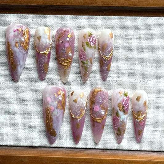 Mauve Dream elegant bejeweled purple flower handmade press on nails, rose gold chrome nails, marble nail art, pearl floral design, MO514