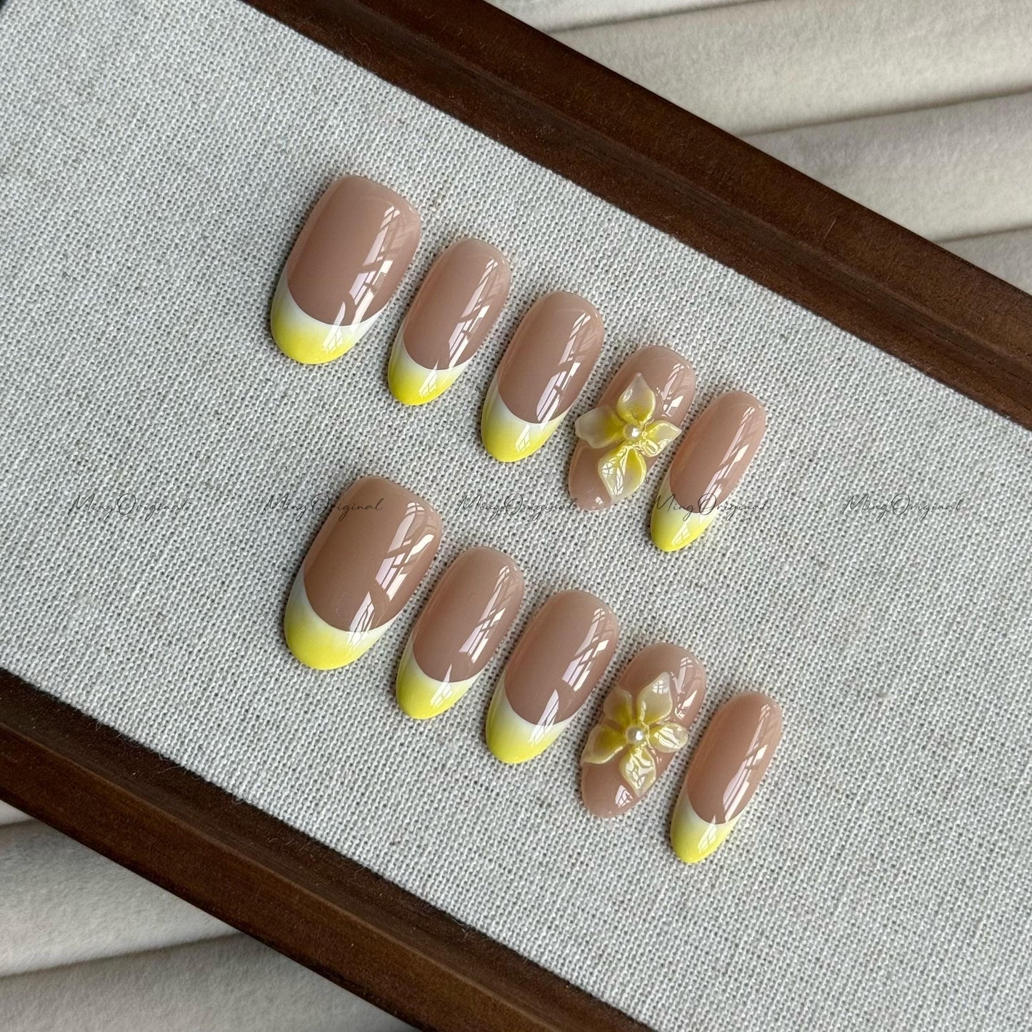Summer Yellow Flower Press On Nails, Yellow 3D Floral Soft Nude French Tip Nail, Handmade Blue Ocean Beach-Inspired, gift for her, MO540