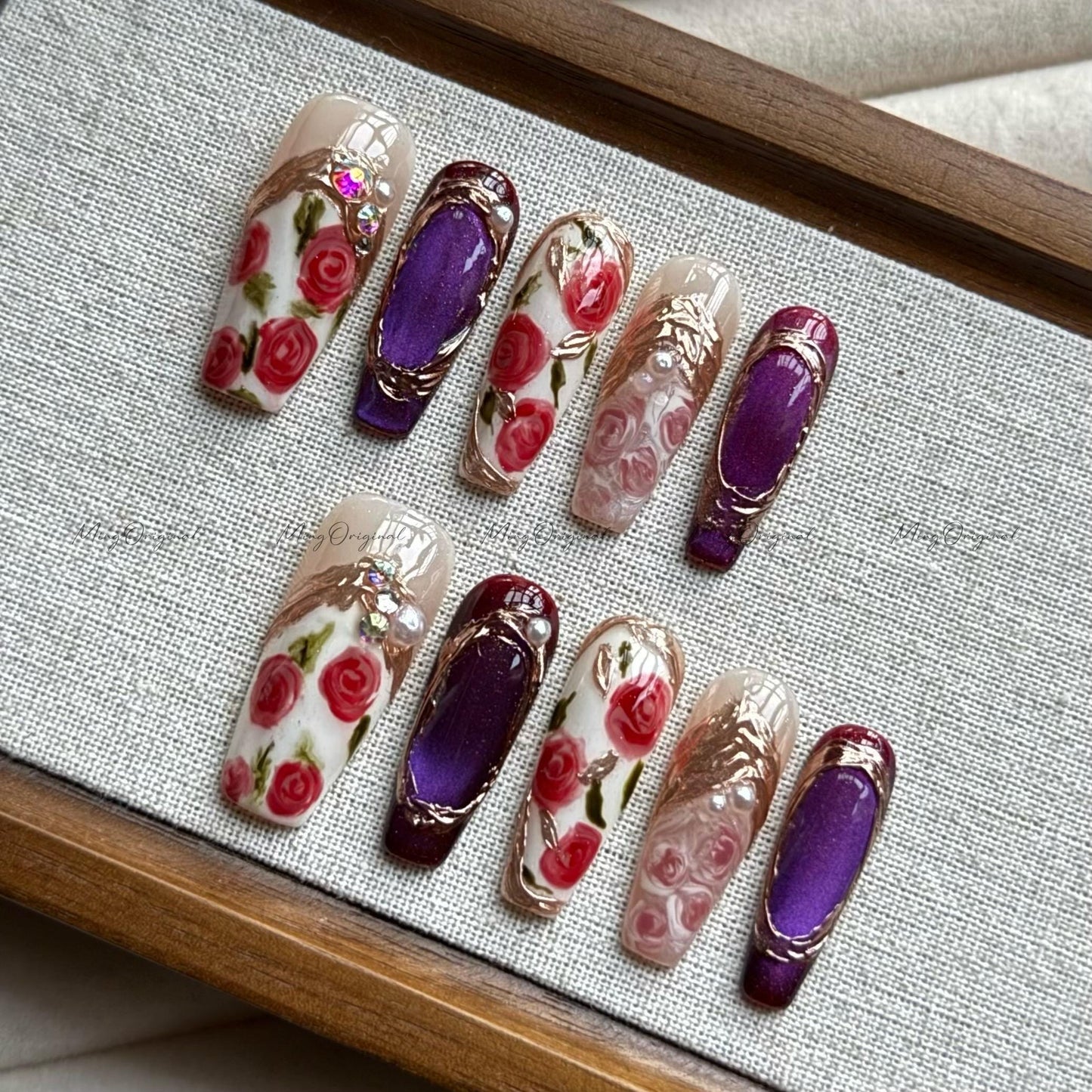 Baroque Romance mystery rose press on nails, gold frame vintage floral nail art, red roses and midnight purple elegant ornate design, MO515