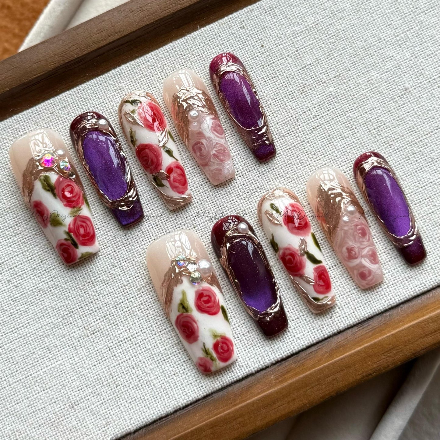 Baroque Romance mystery rose press on nails, gold frame vintage floral nail art, red roses and midnight purple elegant ornate design, MO515