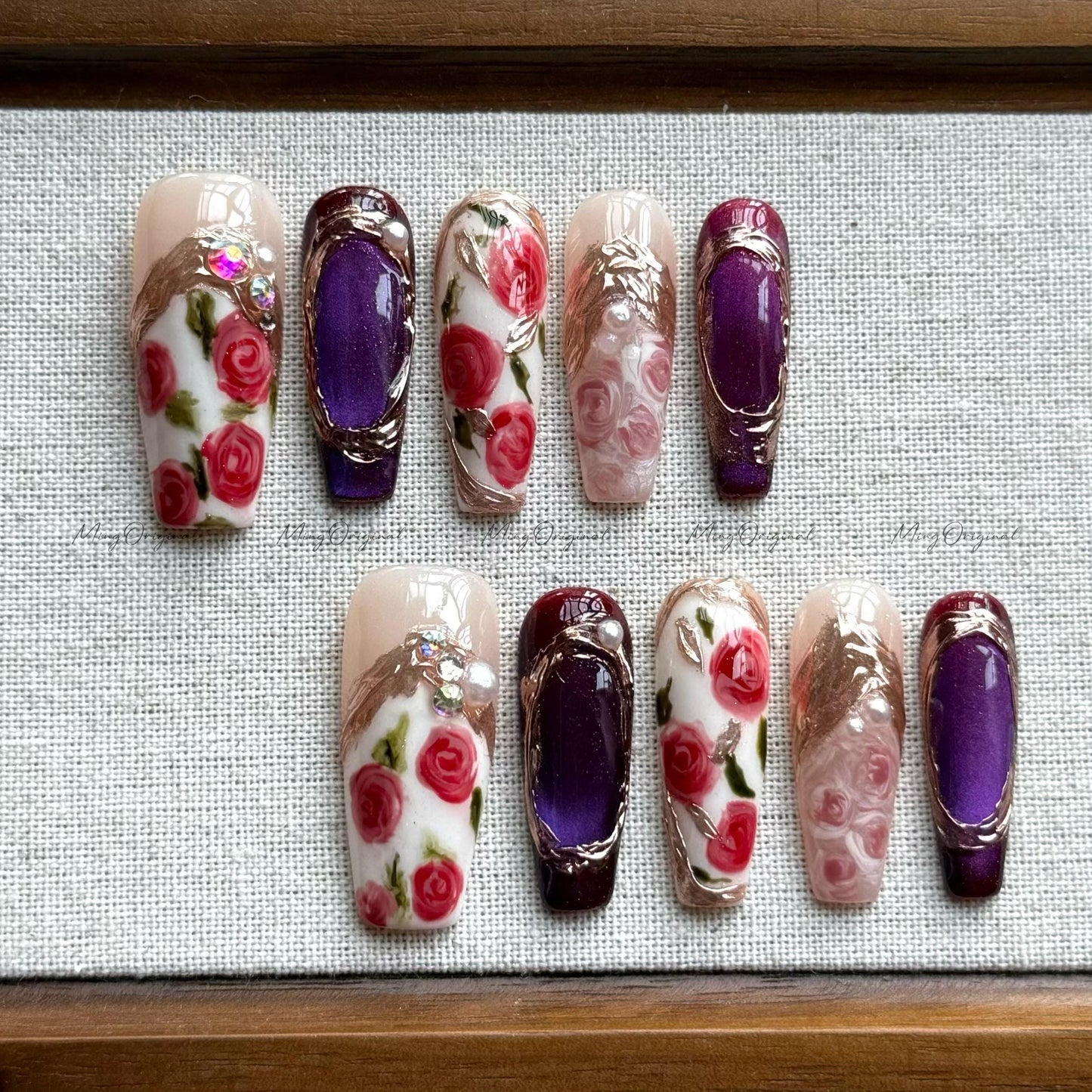 Baroque Romance mystery rose press on nails, gold frame vintage floral nail art, red roses and midnight purple elegant ornate design, MO515