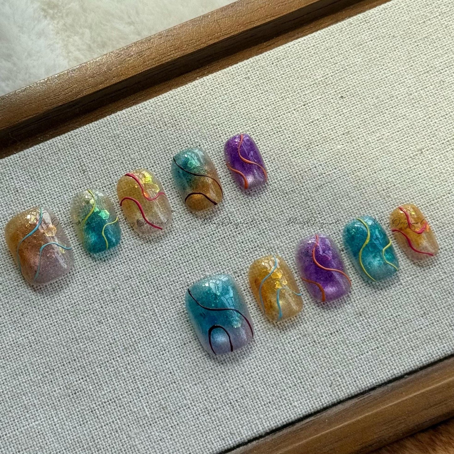 Rainbow Drizzle Press on Nail, Summer Colorful Cat Eye Cotton Candy press on nails, abstract swirl jelly fake nail, gift for her, MO541