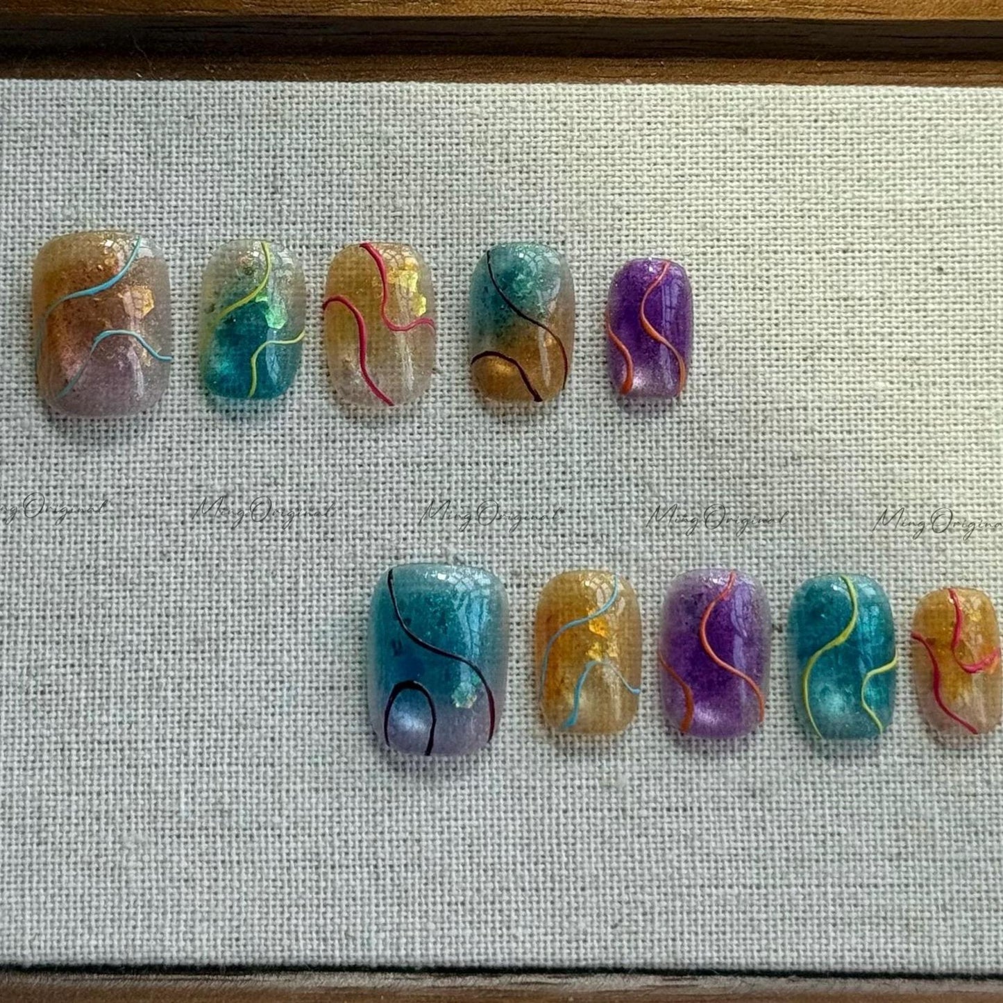 Rainbow Drizzle Press on Nail, Summer Colorful Cat Eye Cotton Candy press on nails, abstract swirl jelly fake nail, gift for her, MO541