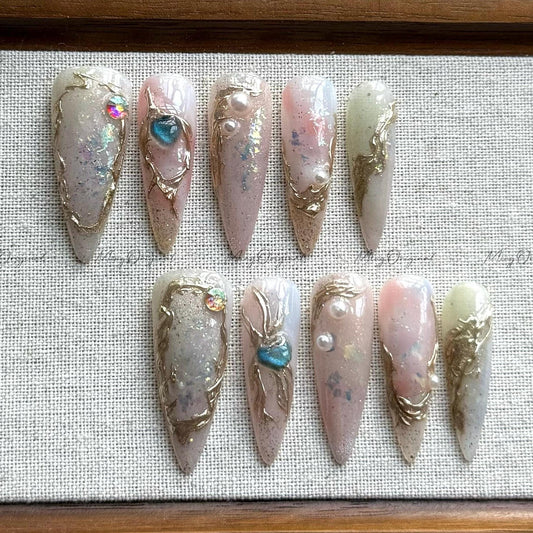 Luna Dew pastel soft shimmer press on nails, dreamy pearl gold foil detail art nail, ethereal neutral romantic design, gift for her MO516