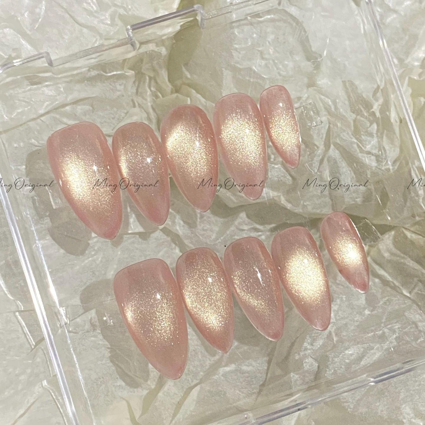 Simple natural look pink golden tone cat eye, magnetic cat eye press on nails, semitransparent reuse nails, glitter fake nail, MO542