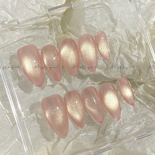 Simple natural look pink golden tone cat eye, magnetic cat eye press on nails, semitransparent reuse nails, glitter fake nail, MO542