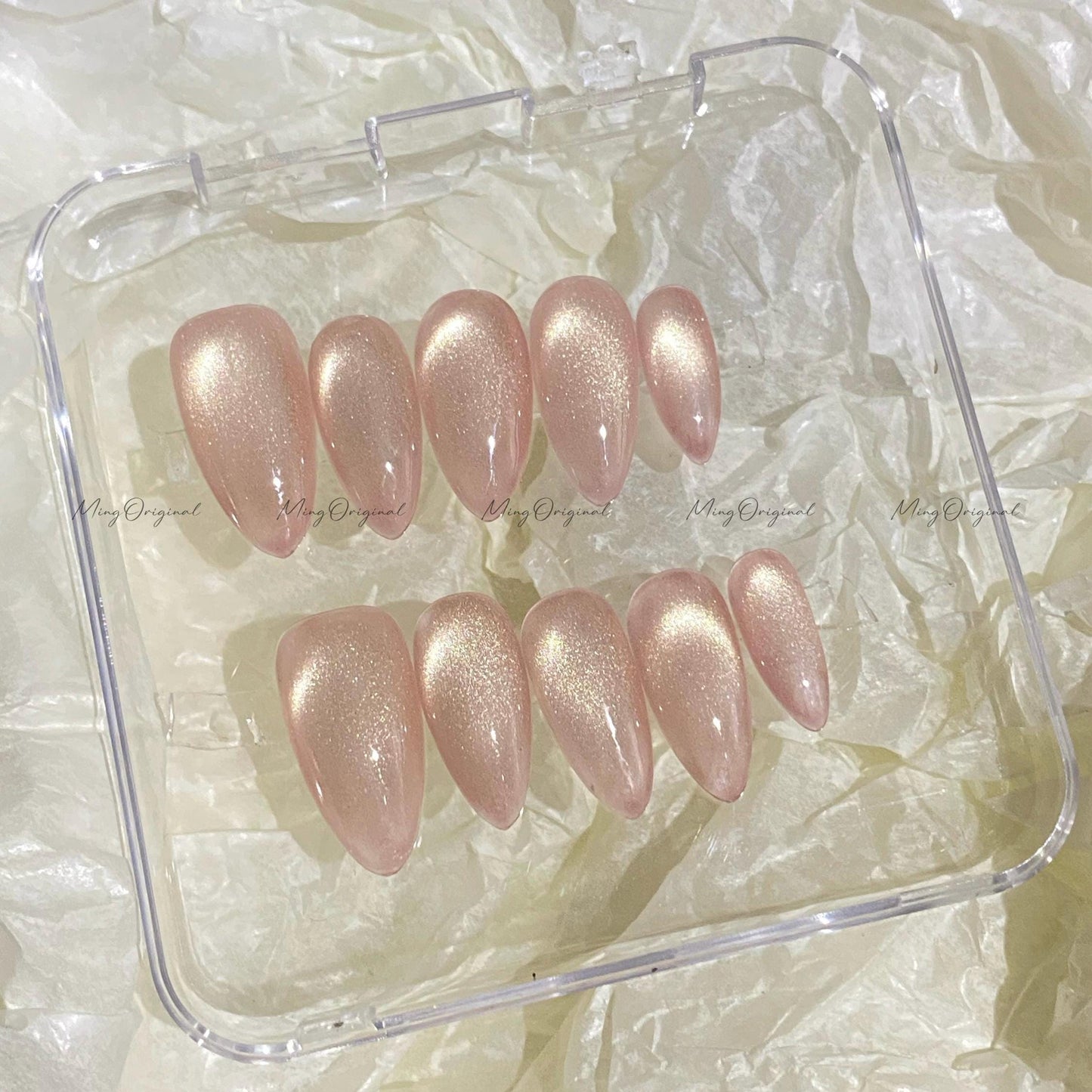 Simple natural look pink golden tone cat eye, magnetic cat eye press on nails, semitransparent reuse nails, glitter fake nail, MO542