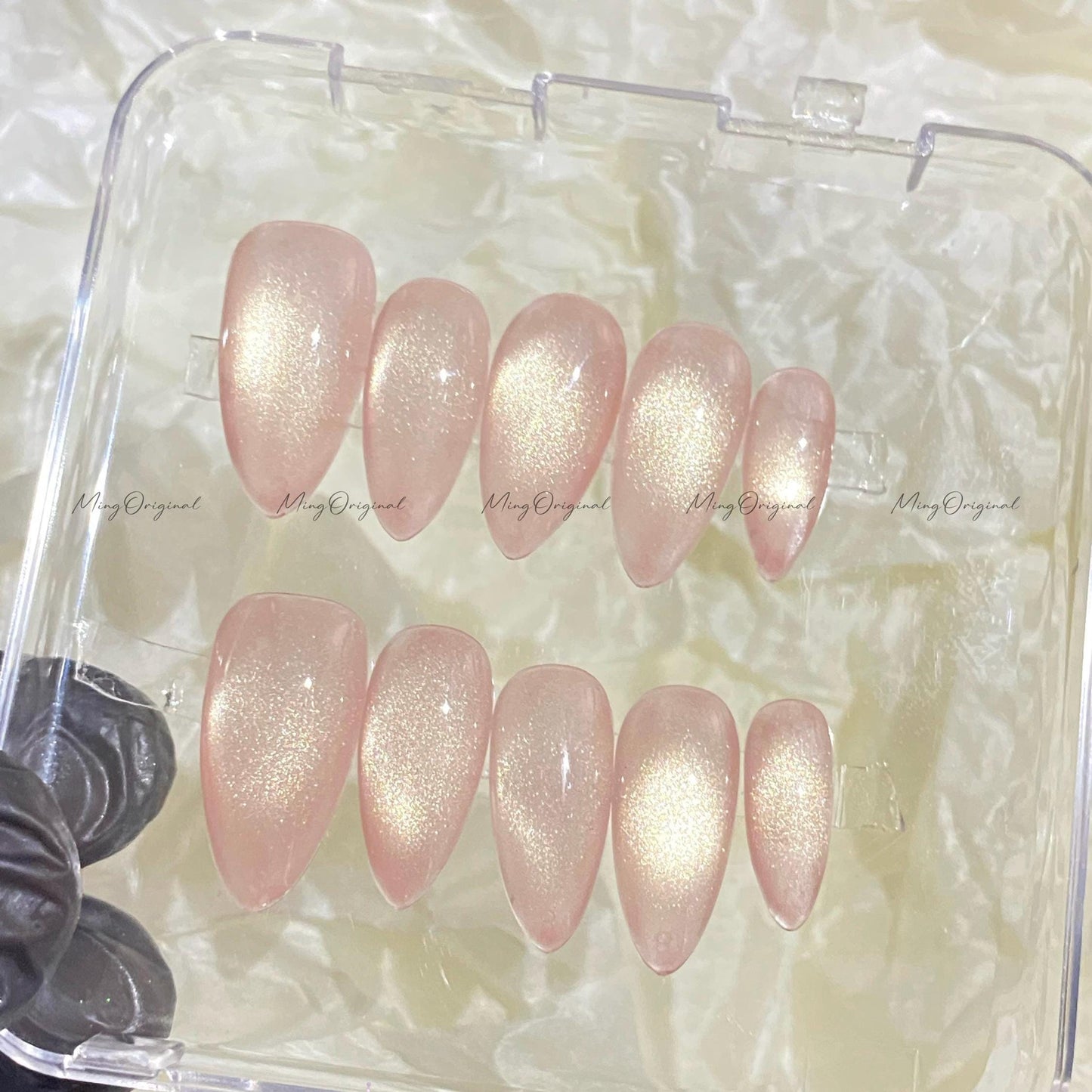 Simple natural look pink golden tone cat eye, magnetic cat eye press on nails, semitransparent reuse nails, glitter fake nail, MO542
