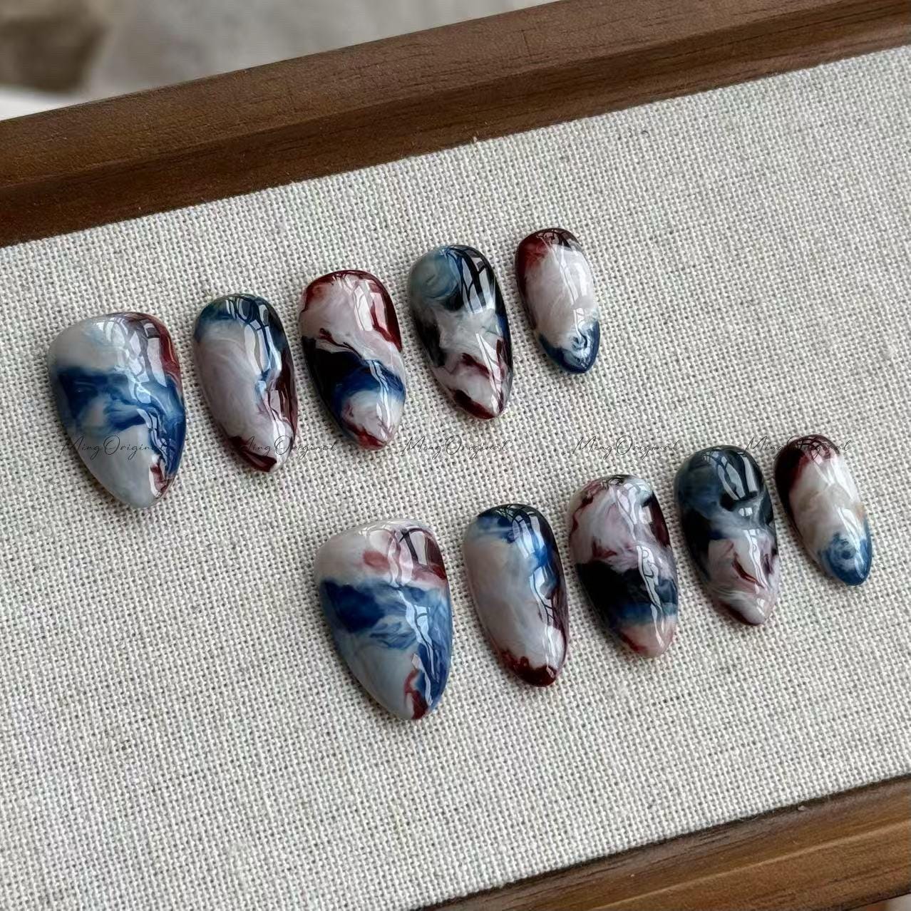 Ocean Marble | Abstract navy marble press-on nails, smoky clouded nail art, midnight vibe design, water blooming gift for her, MO543