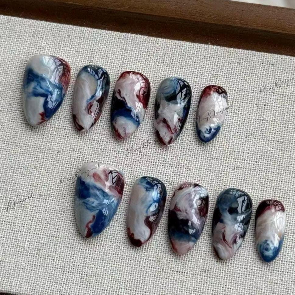 Ocean Marble | Abstract navy marble press-on nails, smoky clouded nail art, midnight vibe design, water blooming gift for her, MO543