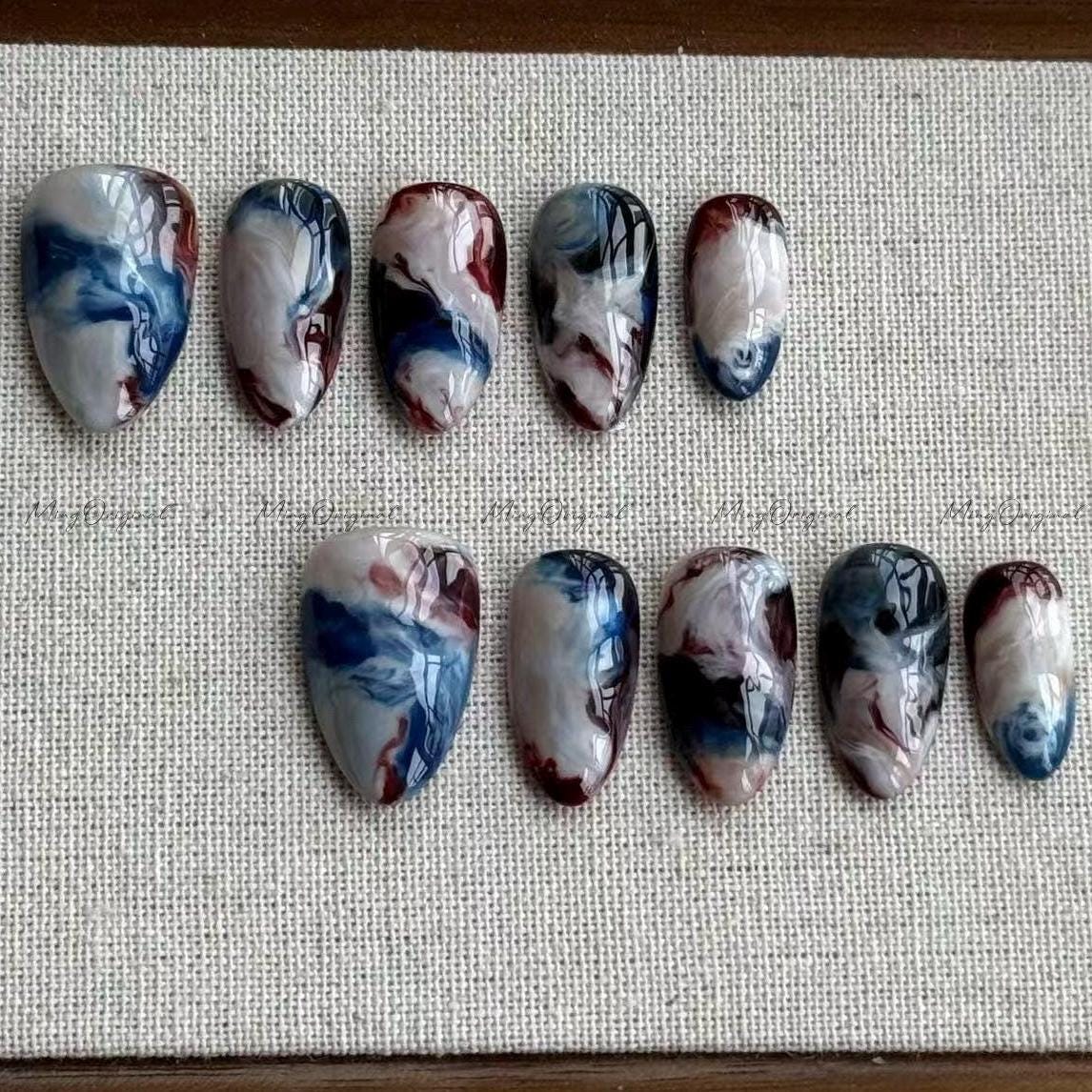 Ocean Marble | Abstract navy marble press-on nails, smoky clouded nail art, midnight vibe design, water blooming gift for her, MO543