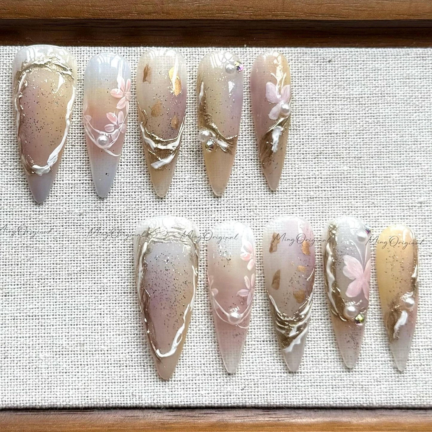 Fairy Bloom floral shimmer press on nails, hand-painted butterfly white flowers soft neutral nails, gold foil accents ethereal design MO518