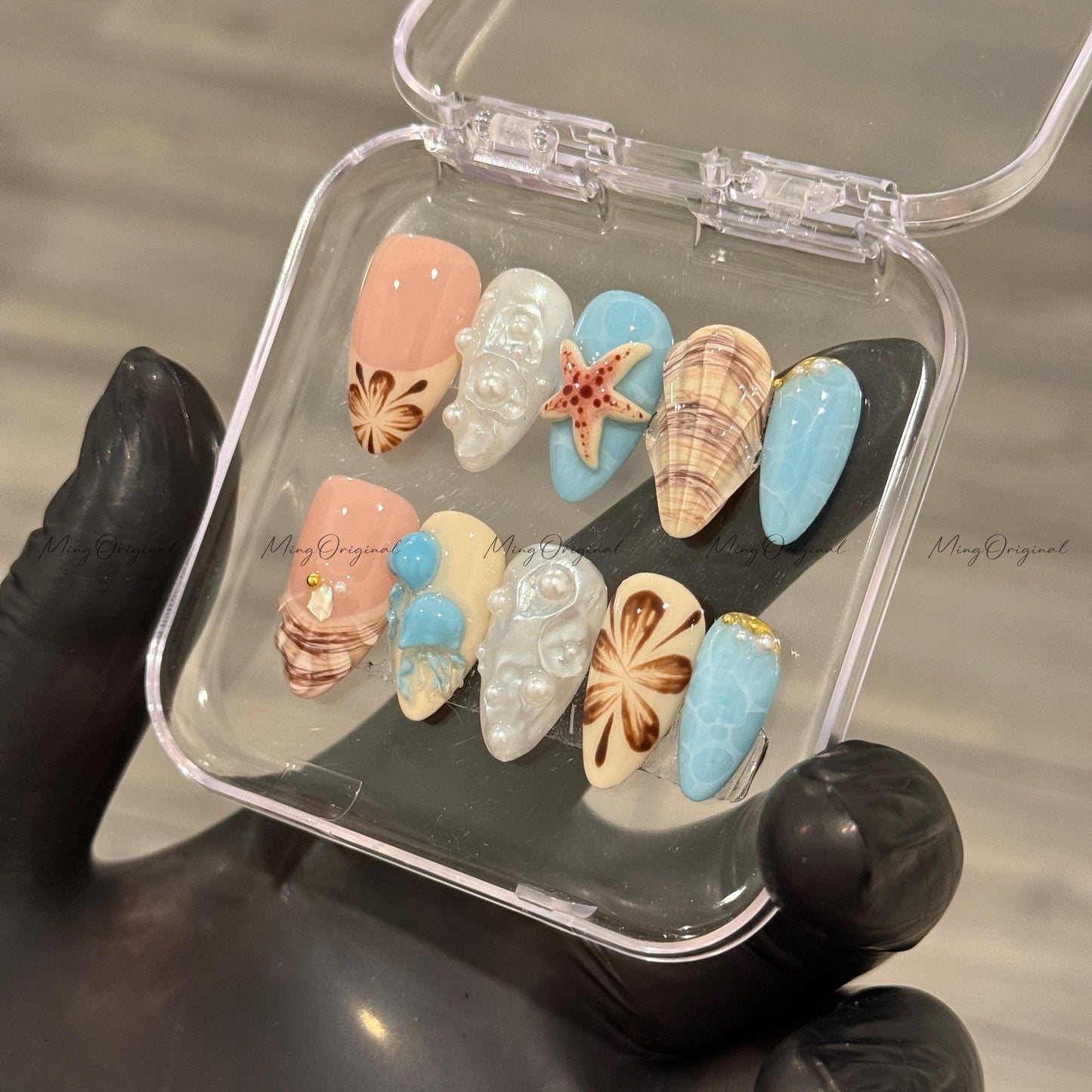 Sandy Shores beach theme press on nails, seashell and starfish, blue ocean pearl jellyfish coastal summer tropical vacation nails, MO520