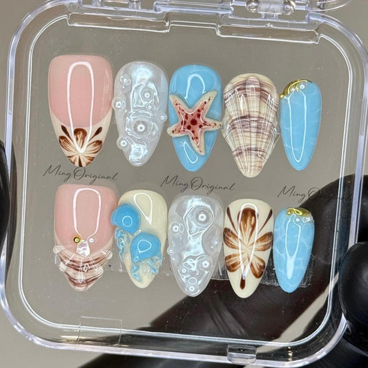 Sandy Shores beach theme press on nails, seashell and starfish, blue ocean pearl jellyfish coastal summer tropical vacation nails, MO520
