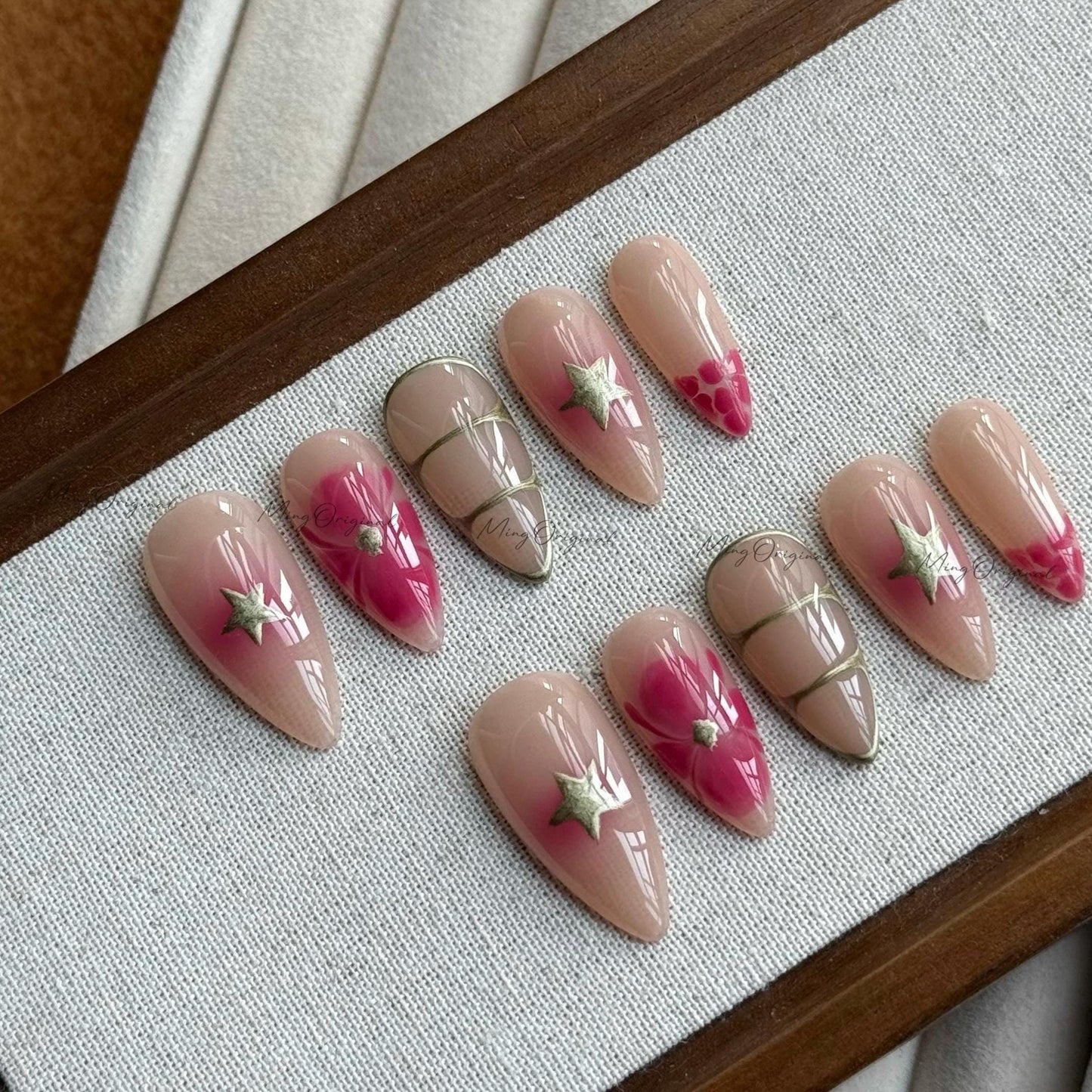 Pink blossom water blooming flower Press on Nails, Gold Star soft Orchard Floral Nails, Nude Jelly Nails, vacation gift for her, MO545