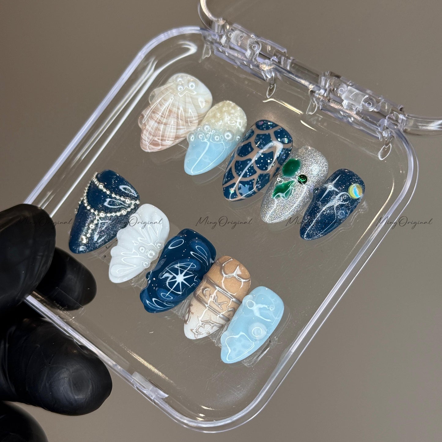 Ocean Inspired Mermaid Press On Nails, 3D Seashell and Pearl Design, Handmade Summer Beach Nail Art, vacation nails,gift for her MO524