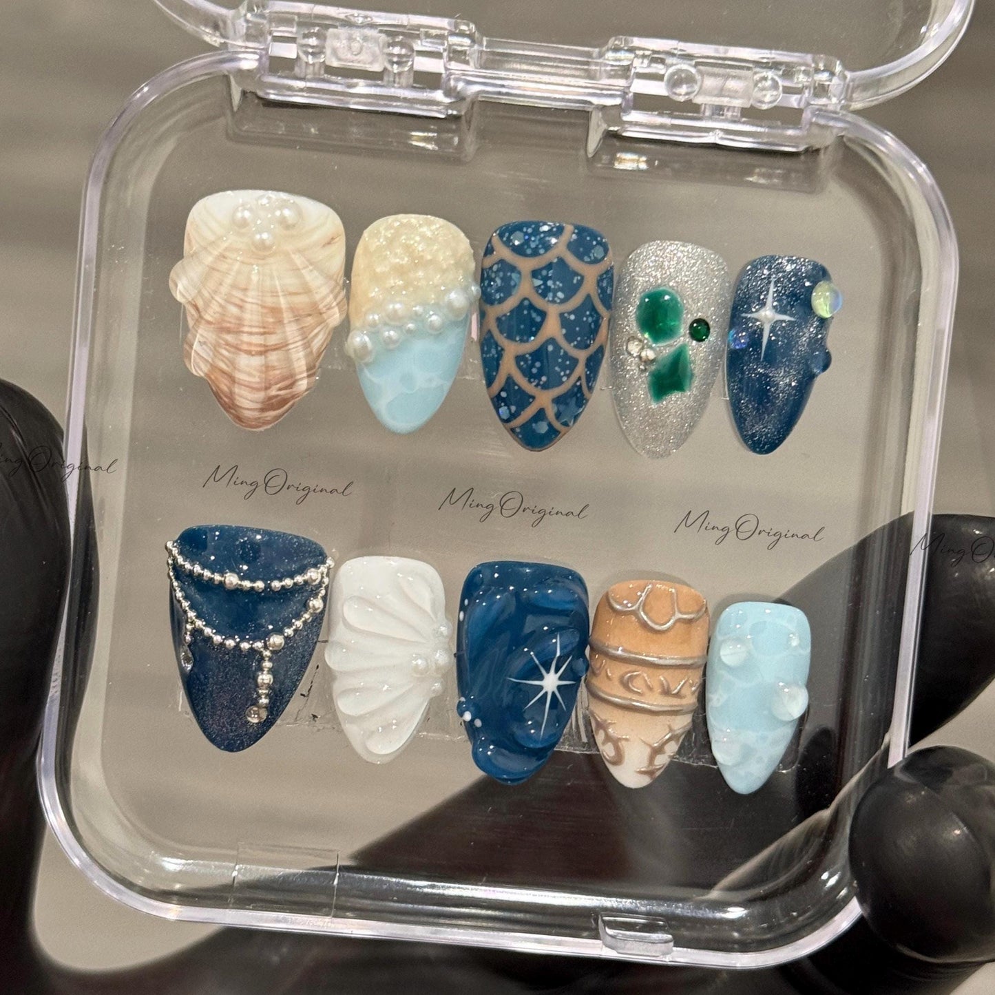 Ocean Inspired Mermaid Press On Nails, 3D Seashell and Pearl Design, Handmade Summer Beach Nail Art, vacation nails,gift for her MO524