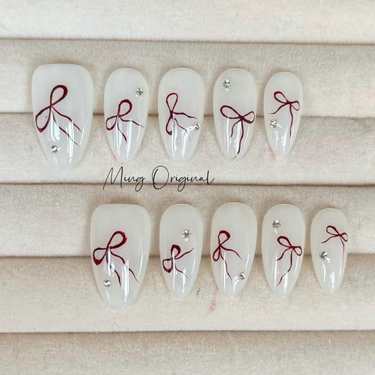 Minimalist cute ties free style red bow ribbon Press on Nails, milky white girly handmade Nails, glue on nail, birthday gift for her MO415