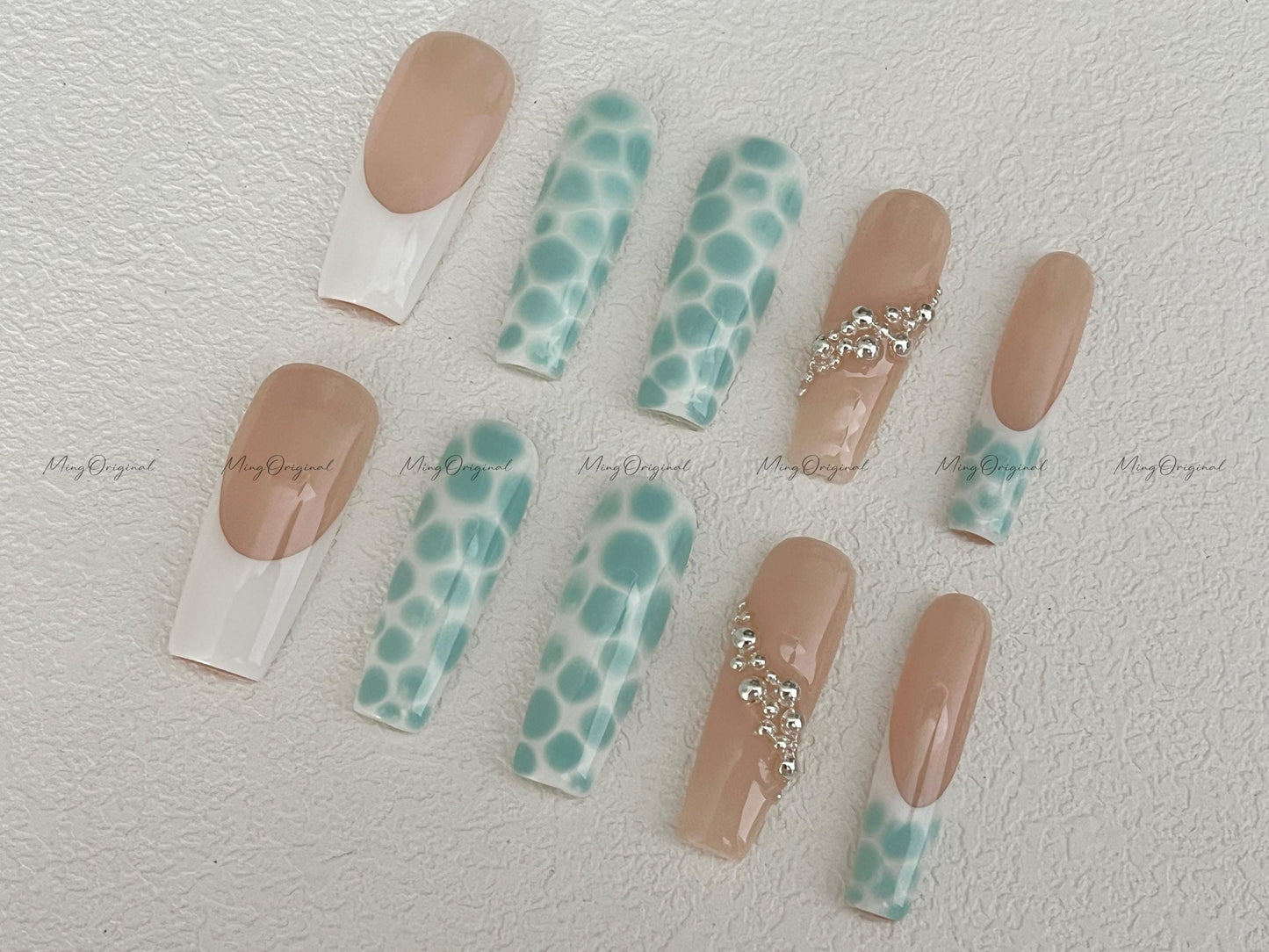 Croc print press on nails, nude French tips with blue crocodile texture, silver chrome charm accent nails, trendy summer beach gift,MO525