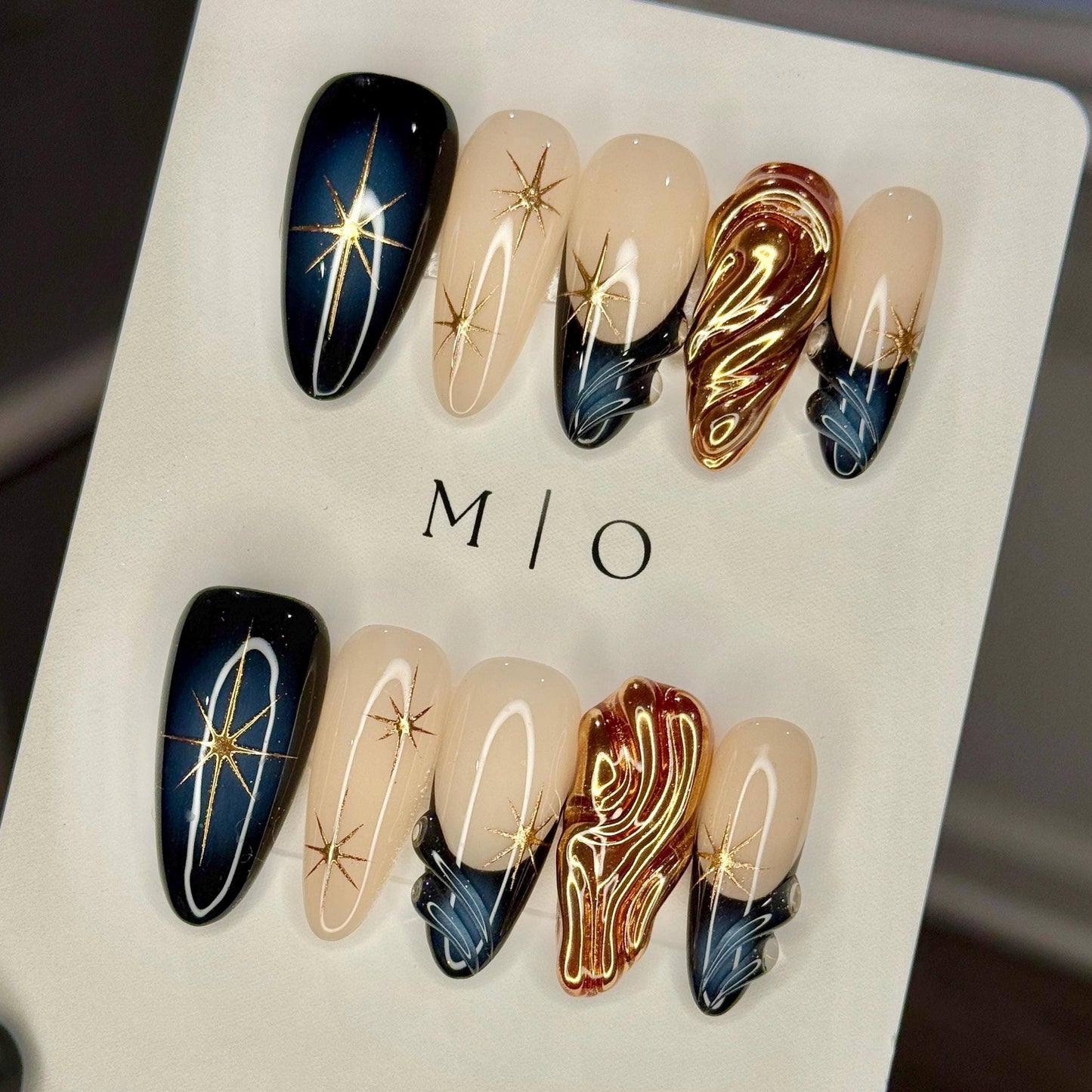 Midnight Ember | Celestial swirl nails, copper chrome flames, black aura sky, long almond, valentine vacation holiday gift for her,MO546