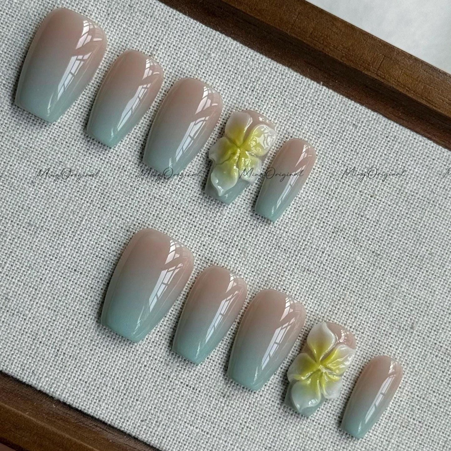 Mint Vibe summer Flower Press on Nails, Colorful ombre 3D nail, yellow flower, Spring Summer, vacation holiday gift for her MO538