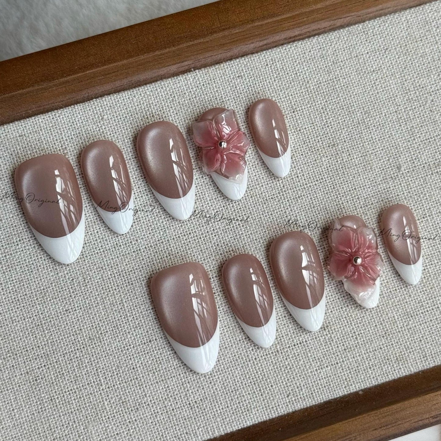 White French tip nude cateye press on nails, 3d double layered jelly flower Nails, classy nail design, birthday holiday gift for her MO536