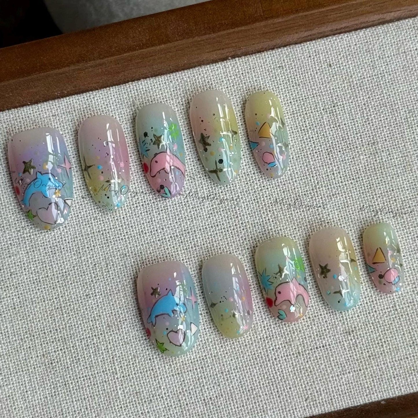 Dolphin Daydream | Dolphin nails, star and heart, pastel summer nails, cartoon press ons, kawaii nail art, fun cute nails,gift for her MO549