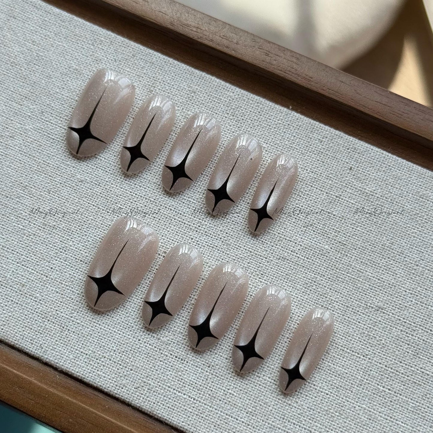 Midnight Blink | Nude glitter cat eye press on nails, black star nails, minimalist celestial,, neutral sparkle set, gift for her, MO550