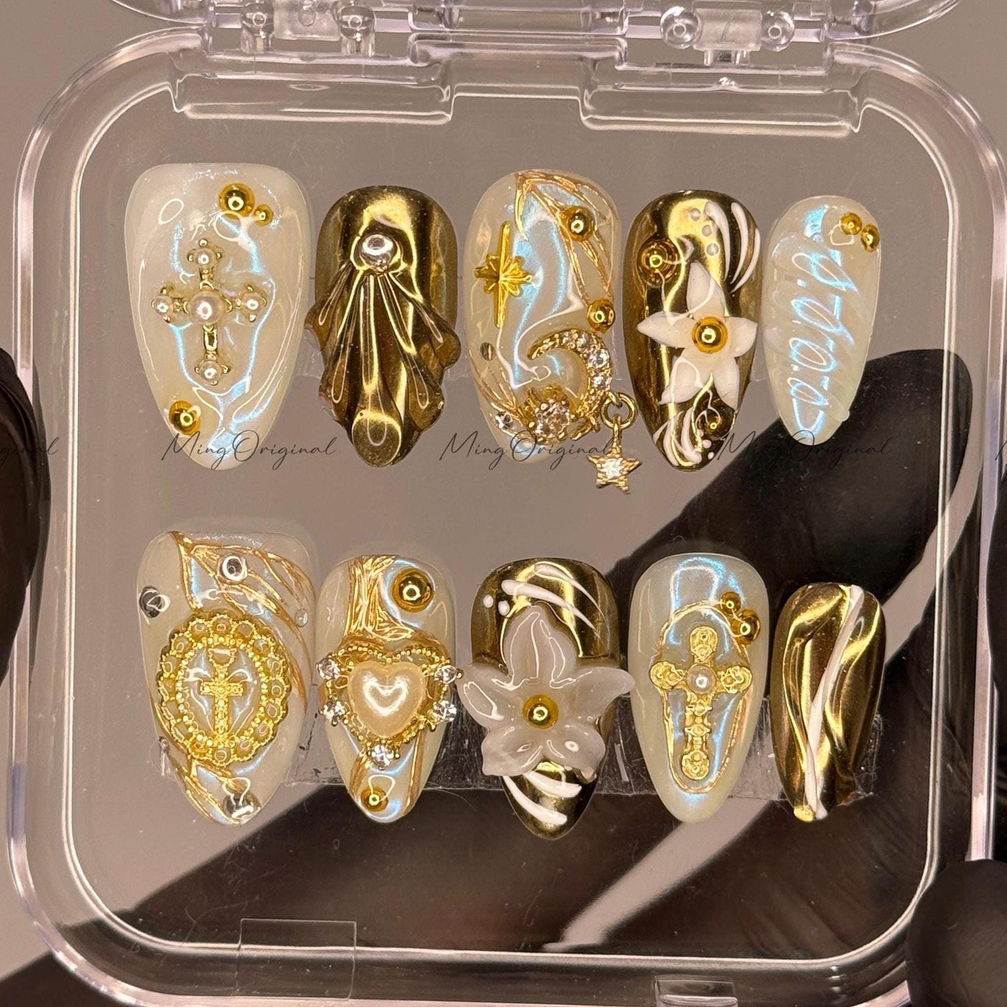 Gold chrome press on nails, 3D cross moon star charms with pearl and flower accents, luxury celestial handmade nails, gift for her, MO528