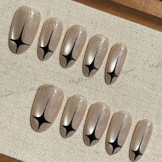 Midnight Blink | Nude glitter cat eye press on nails, black star nails, minimalist celestial,, neutral sparkle set, gift for her, MO550