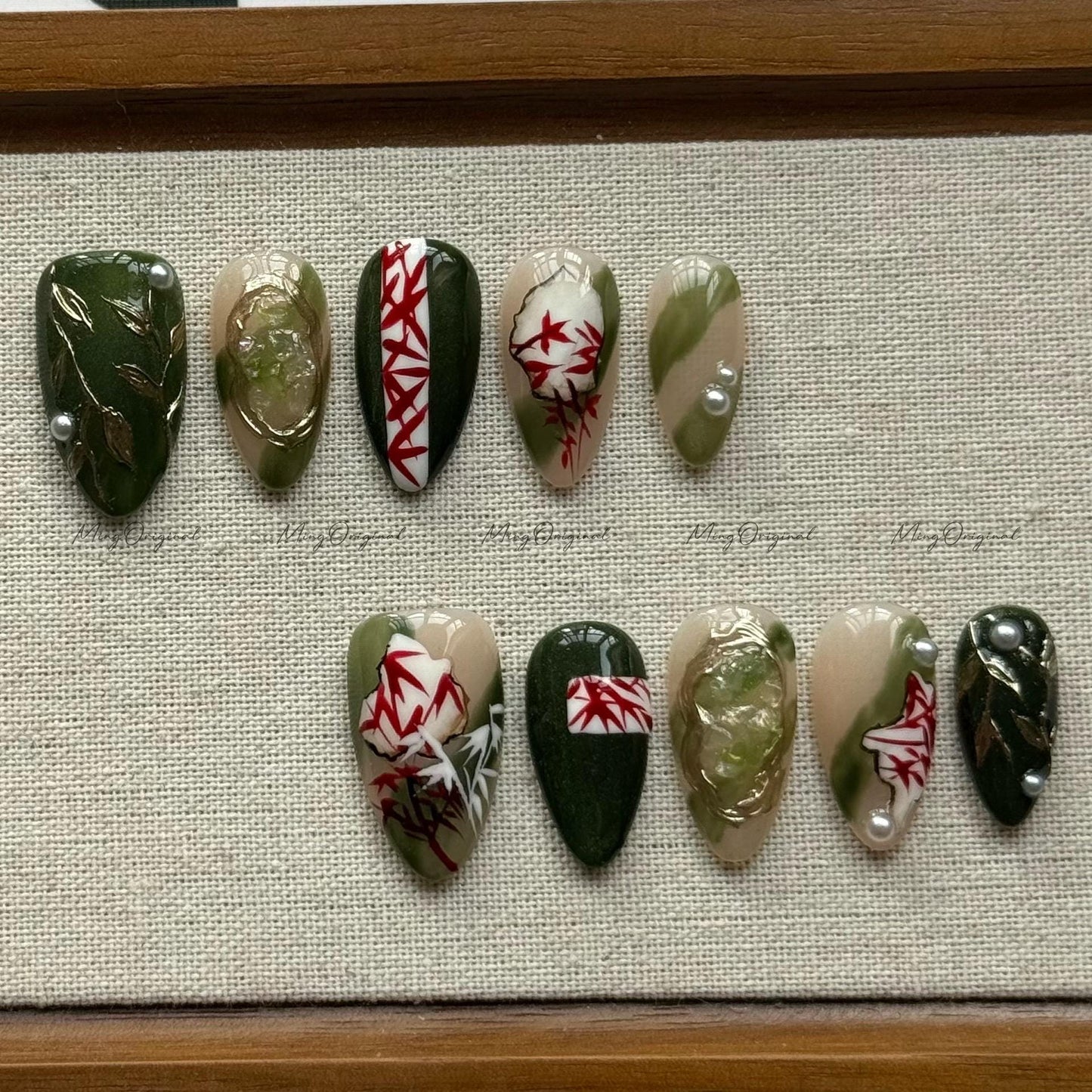 Kyoto Wind | Japanese style press on nails, hand-painted green bamboo maple design, elegant gold leaf pearl accents, gift for her MO551