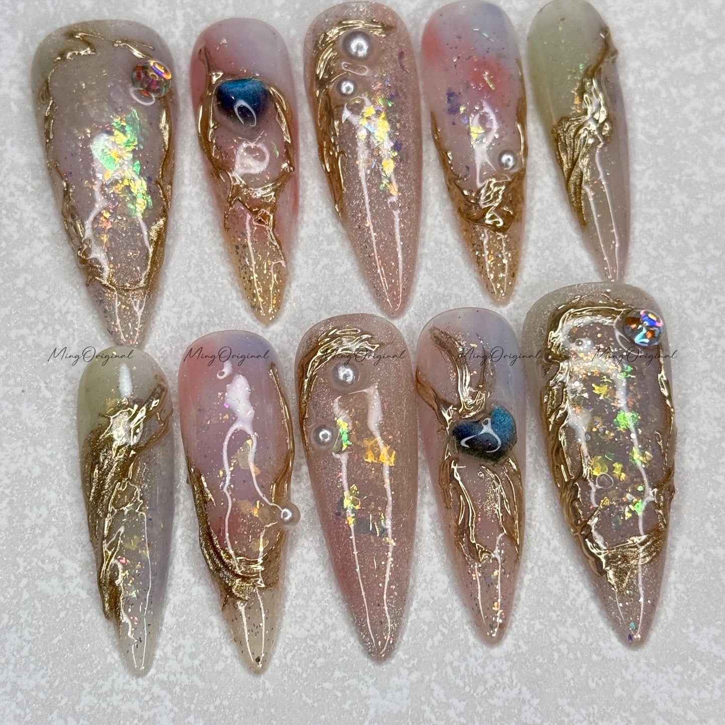 Luna Dew pastel soft shimmer press on nails, dreamy pearl gold foil detail art nail, ethereal neutral romantic design, gift for her MO516