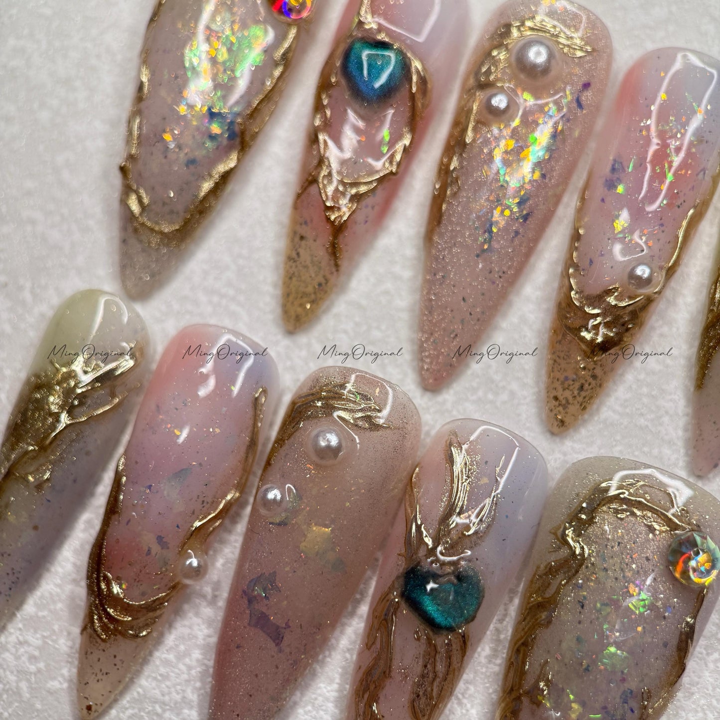 Luna Dew pastel soft shimmer press on nails, dreamy pearl gold foil detail art nail, ethereal neutral romantic design, gift for her MO516