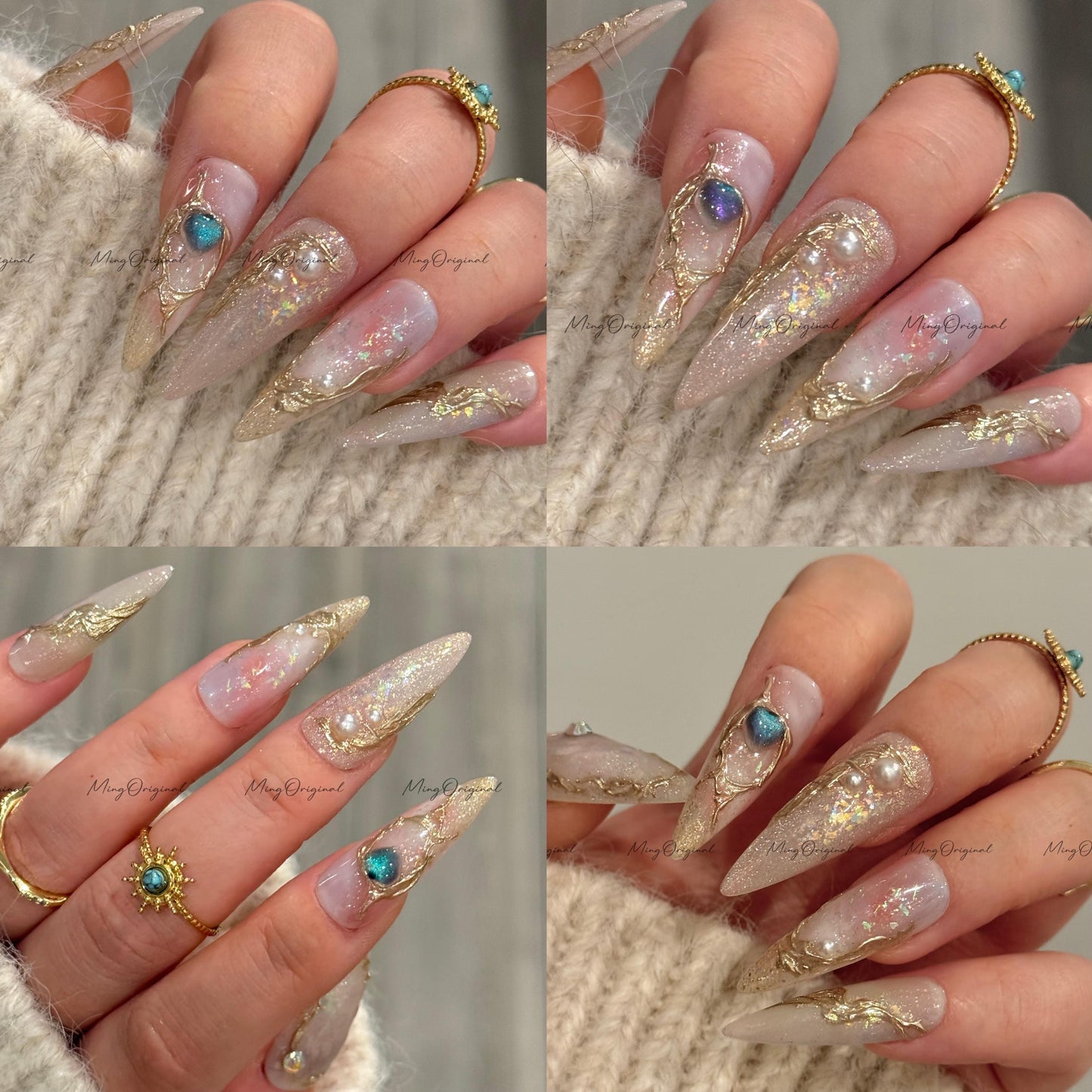 Luna Dew pastel soft shimmer press on nails, dreamy pearl gold foil detail art nail, ethereal neutral romantic design, gift for her MO516