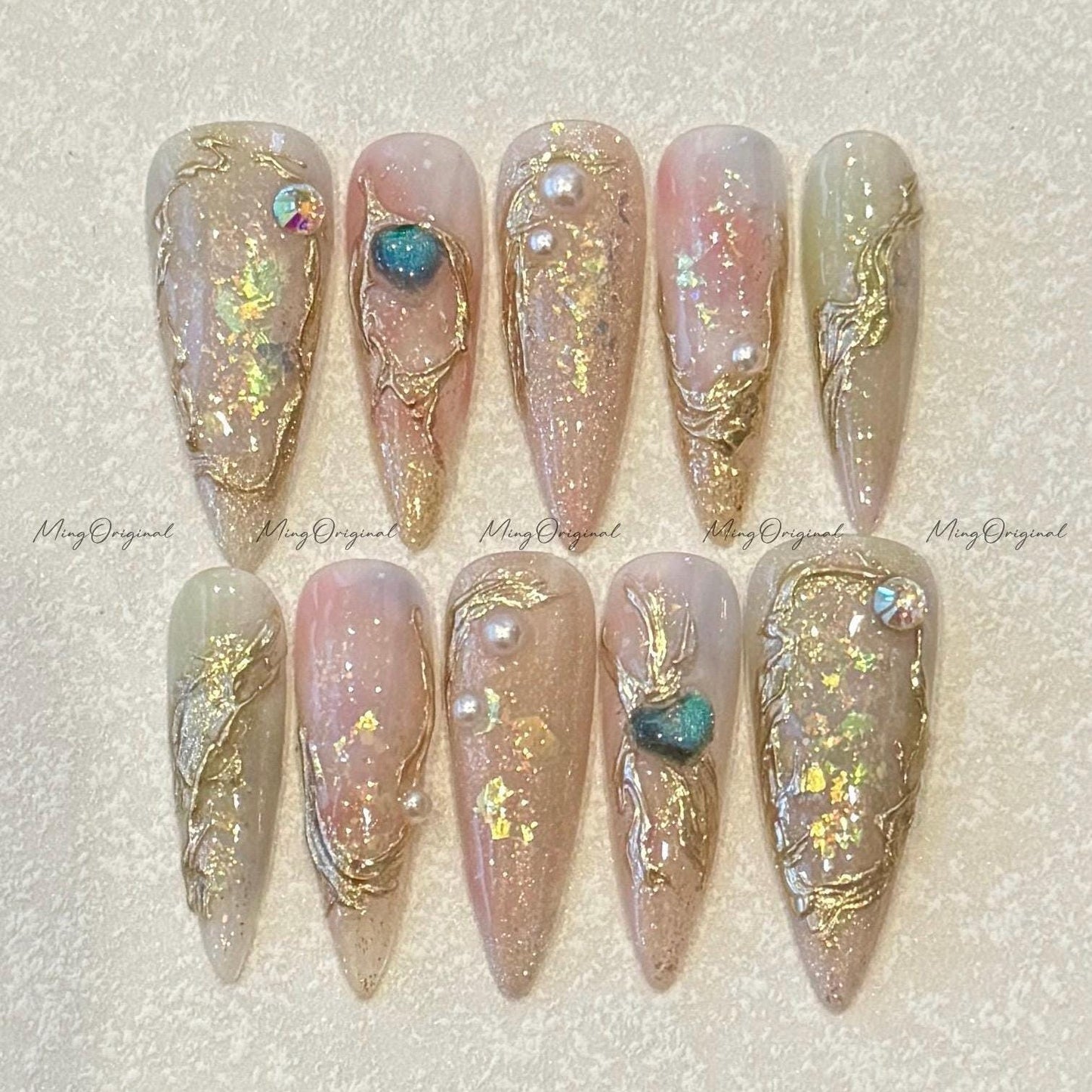 Luna Dew pastel soft shimmer press on nails, dreamy pearl gold foil detail art nail, ethereal neutral romantic design, gift for her MO516