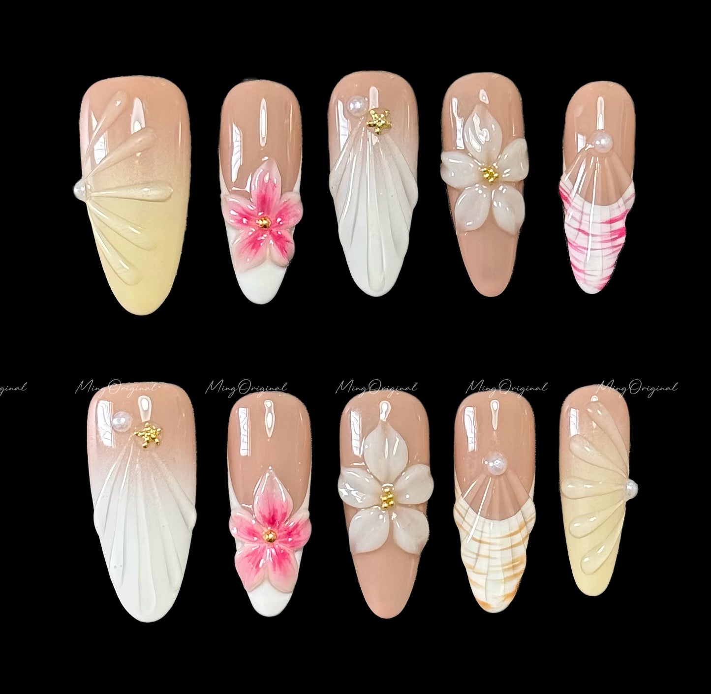 Pink 3D sculptured flower Press on Nails, Yellow Mermaid Seashell Nails, Clear Orchard Floral Nails, Jelly Nails, glue on nails,MO552