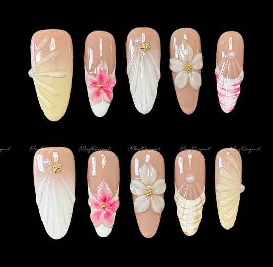 Pink 3D sculptured flower Press on Nails, Yellow Mermaid Seashell Nails, Clear Orchard Floral Nails, Jelly Nails, glue on nails,MO552