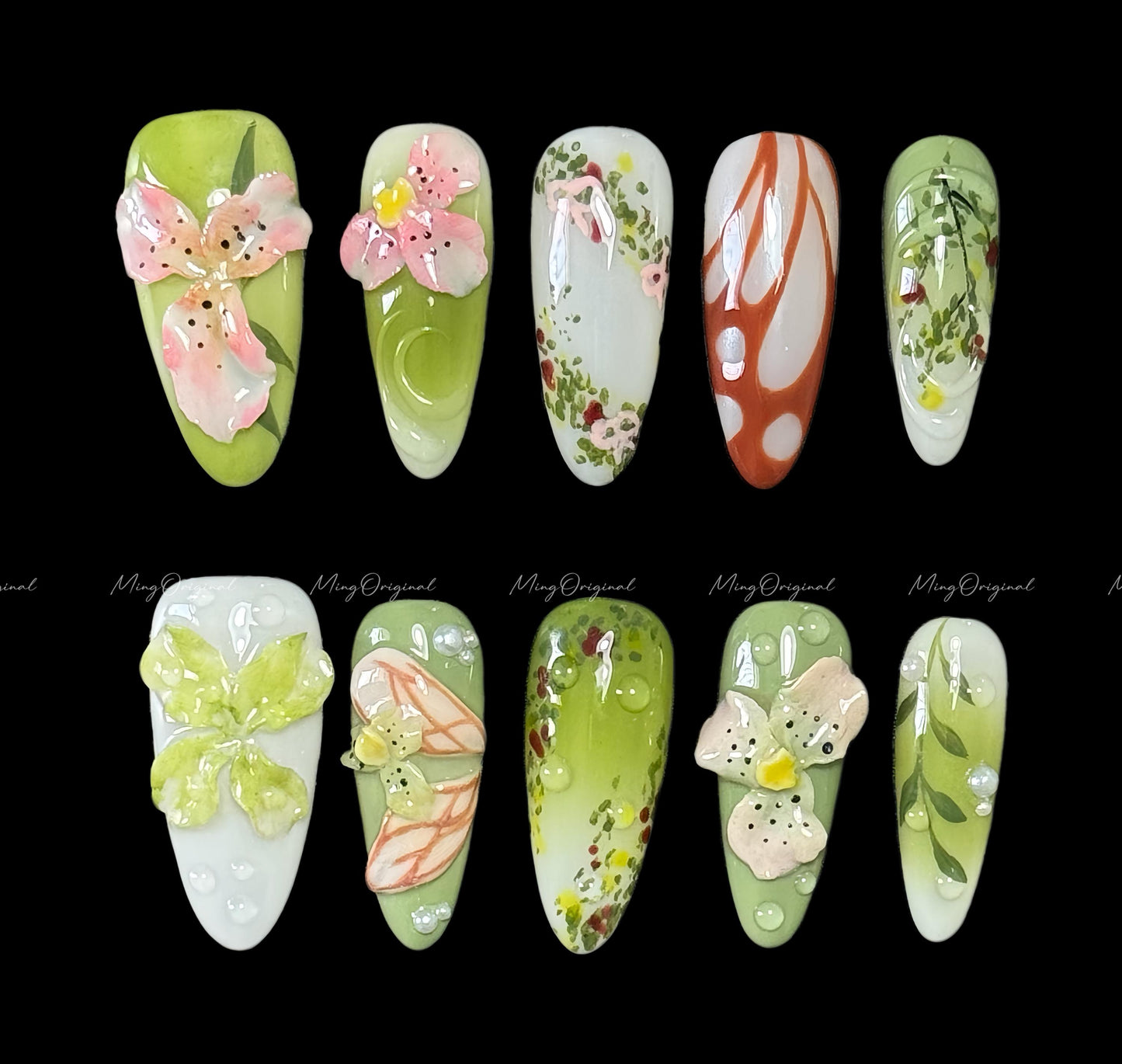 Orchid Whimsy 3D orchid press on nails, pastel green floral butterfly and leaf nail art, spring garden fantasy nails, nature inspired MO553
