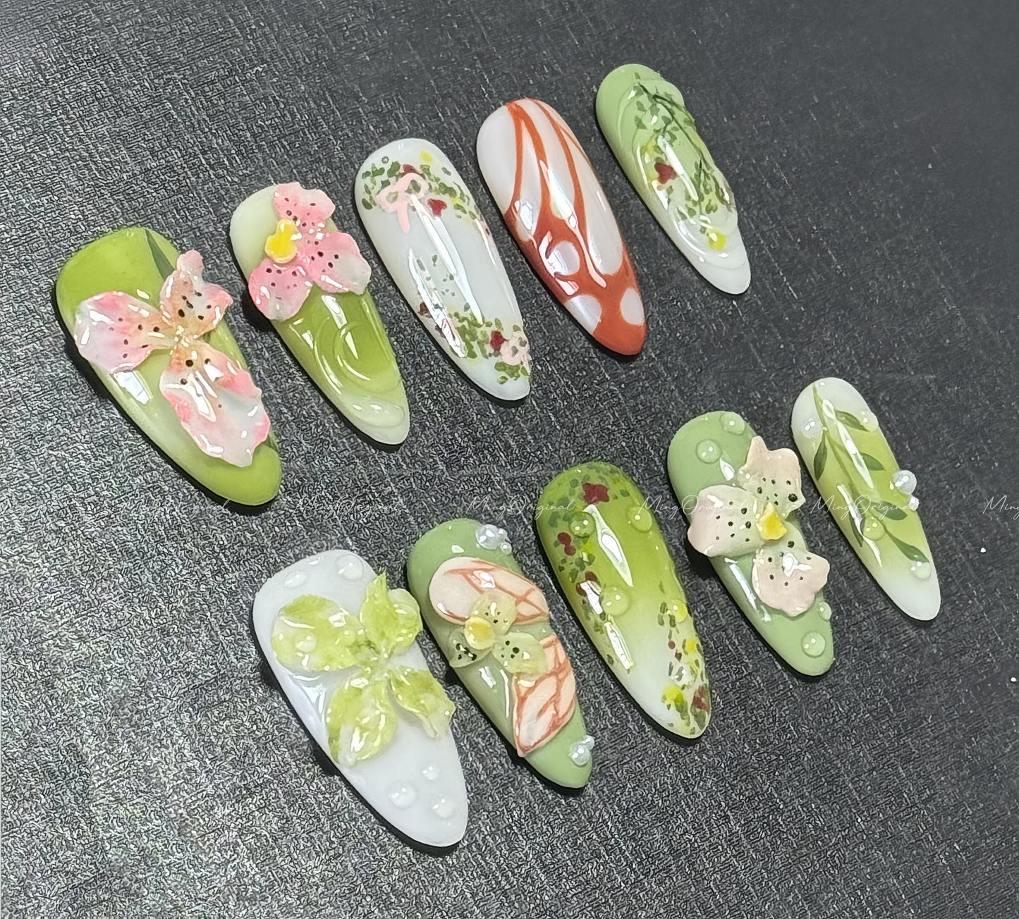 Orchid Whimsy 3D orchid press on nails, pastel green floral butterfly and leaf nail art, spring garden fantasy nails, nature inspired MO553