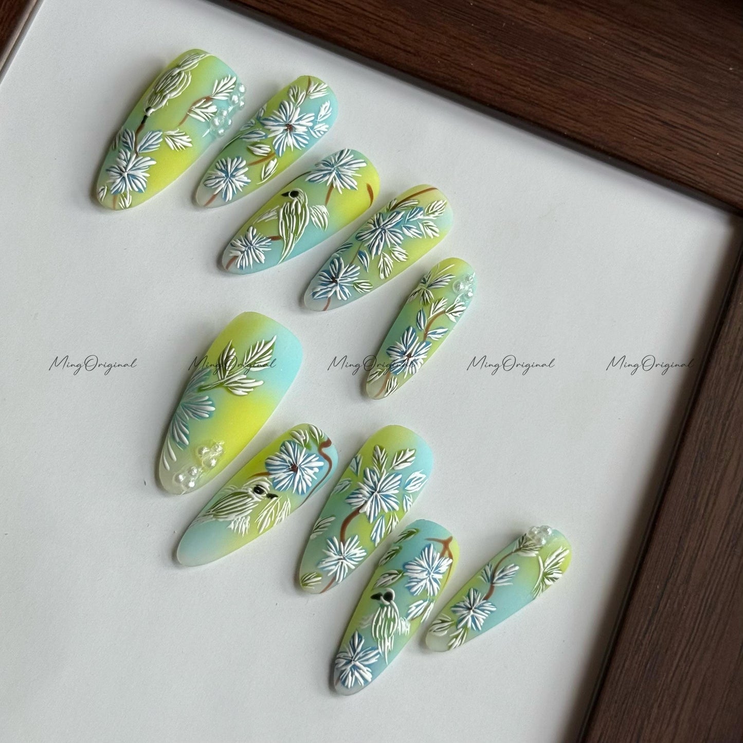 Embroidered Meadow | Embroidery style press ons, hand-painted daisies and bird, pastel gradient, 3D floral design, spring garden vibes MO554